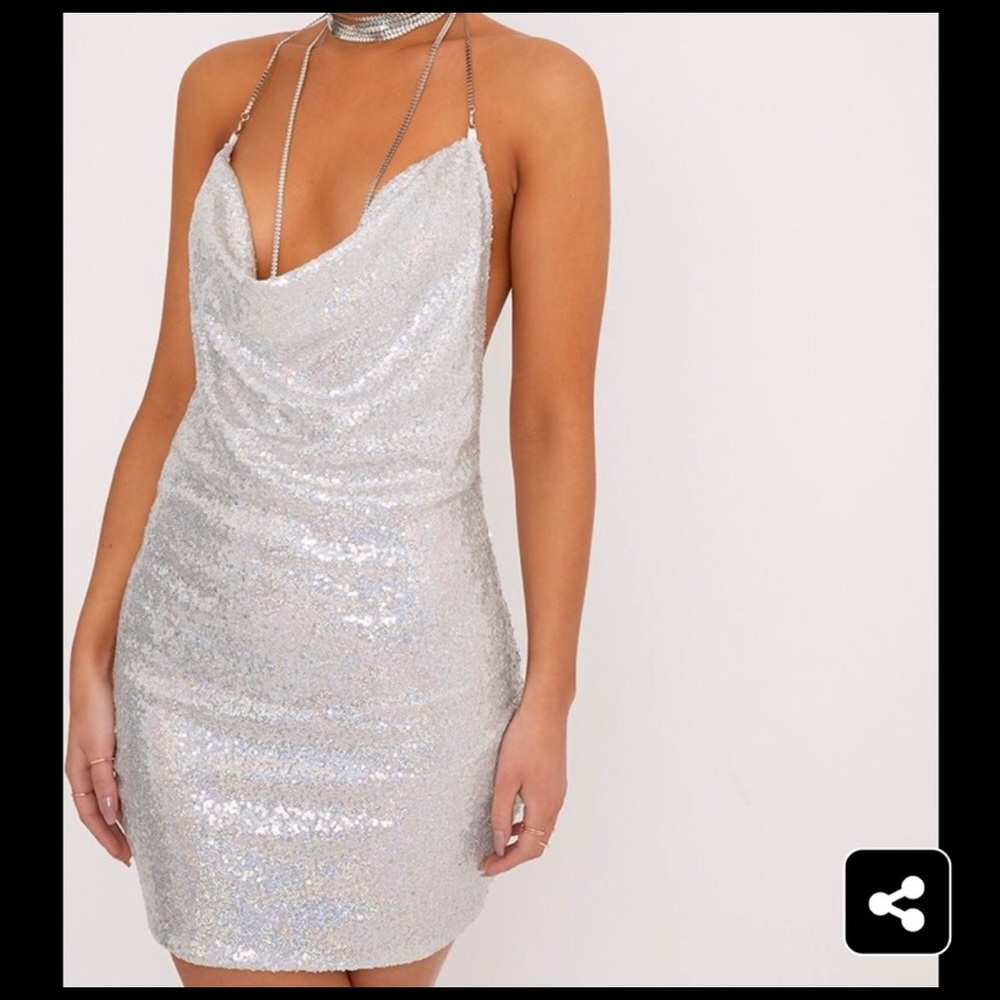 Silver Sequin halter dress with chain neck.
